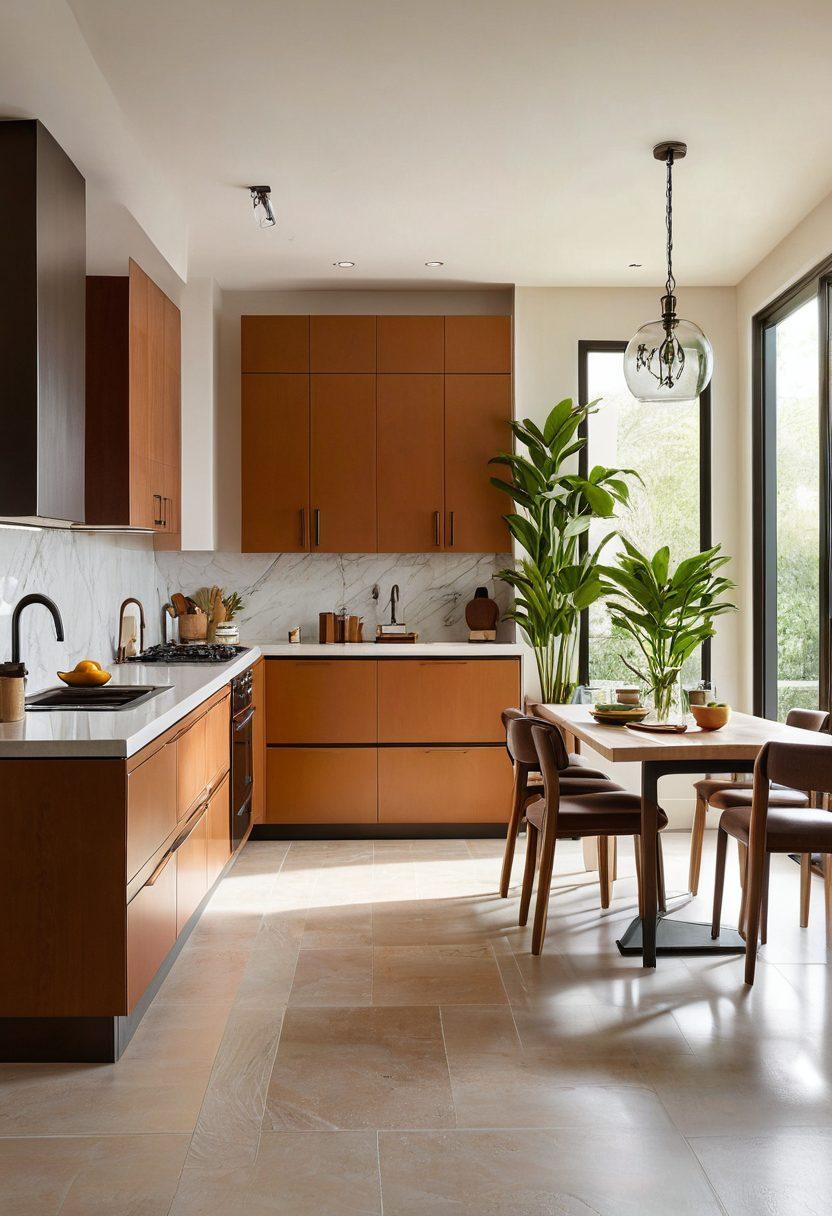 An inviting, modern kitchen showcasing various RTA (Ready-to-Assemble) cabinets in beautiful wood finishes, highlighting versatility and style. Include a cozy, well-lit living room with elegant RTA cabinets serving as storage and decor elements, complemented by houseplants and stylish accessories. Emphasize a warm, welcoming atmosphere that inspires home transformation. vibrant colors. super-realistic.