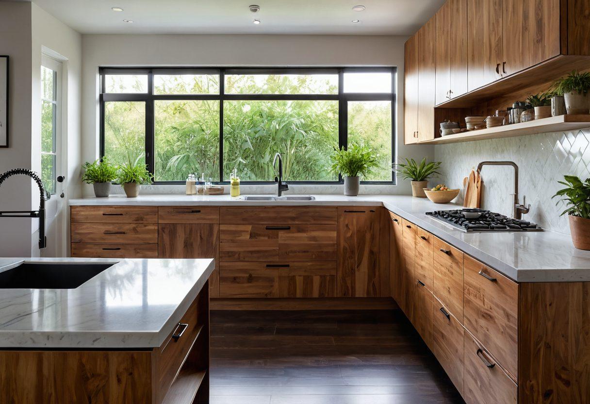 A beautifully designed kitchen showcasing eco-friendly RTA cabinets in natural wood tones, with lush green plants enhancing the space. Incorporate a price tag signifying affordability and a sunbeam illuminating the cabinets to symbolize sustainability. Add small details like bamboo utensils and a recycling bin in the corner. super-realistic. vibrant colors. bright and airy atmosphere.