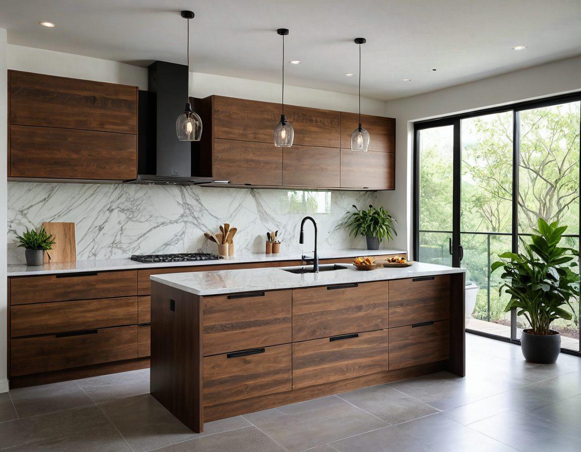 A modern kitchen featuring sleek, stylish RTA cabinets in various finishes, showcasing smart storage solutions. Above the cabinets, there are plants that add a touch of greenery, and the overall decor reflects contemporary design elements. Natural light pours in through a window, illuminating the space. The countertops are clutter-free, emphasizing organization and elegance. super-realistic. vibrant colors. natural light.